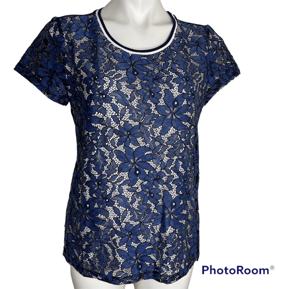 Skye’s The Limit Battenberg Lace Top Small Navy Blue White Short Sleeve